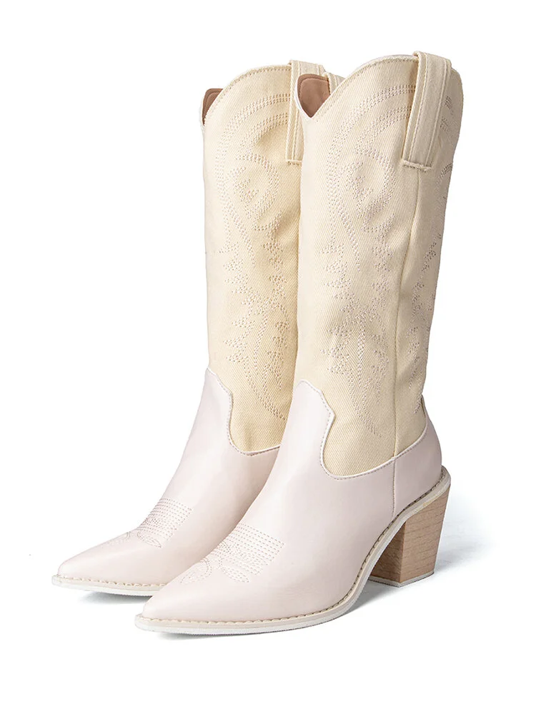 Embroidered Pointed Toe Chunky Heel Slip-on Western Cowboy Boots for Women