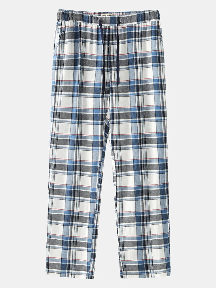 Mens Plaid Flannel Drawstring Waist Button Fly Home Casual Loose Pajamas Pants