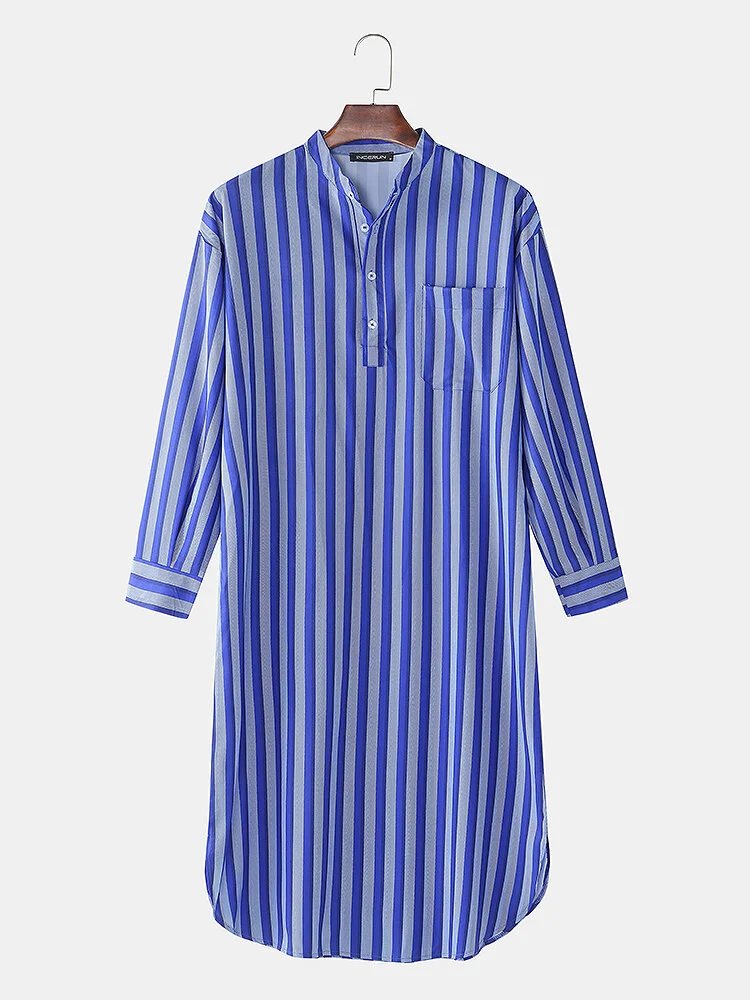 Mens Stripe Kaftan Nightwear Vintage Button Comfy Loose Long Dress Casual Robes