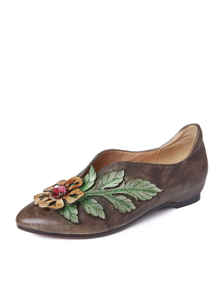 SOCOFY Retro Rainforest Splicing Floral Leaves Elegant Irregular Shoe Mouth Leather Comfy Flat Shoes