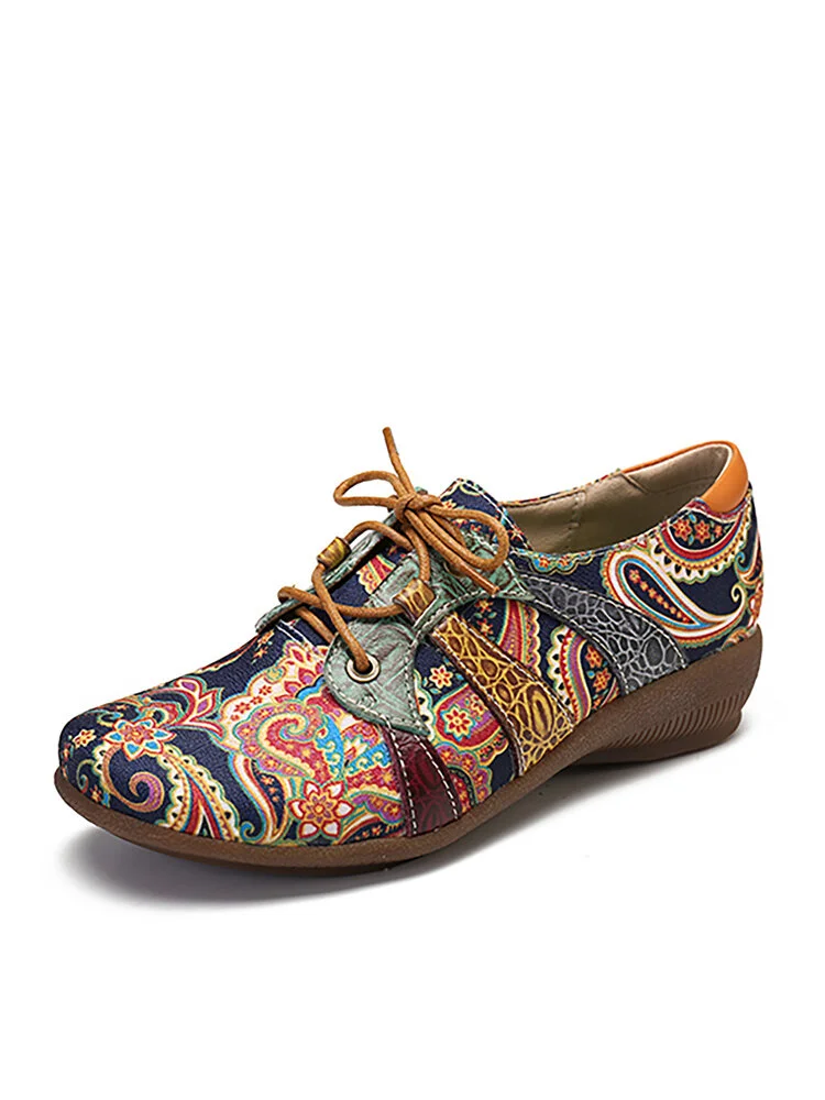 SOCOFY Paisley Textile Splicing Folkways Style Cloth Round Toe Lace Up Flat Shoes