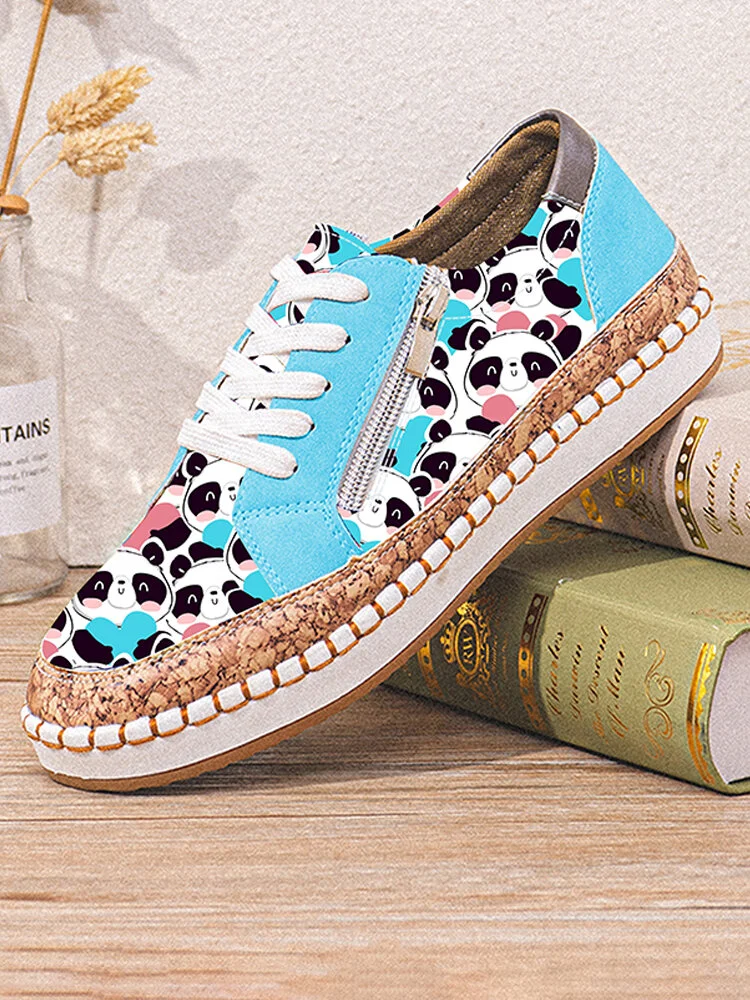 Plus Size Retro Casual Panda Print Comfy Hand Stitching Shoes Cute Flats For Women