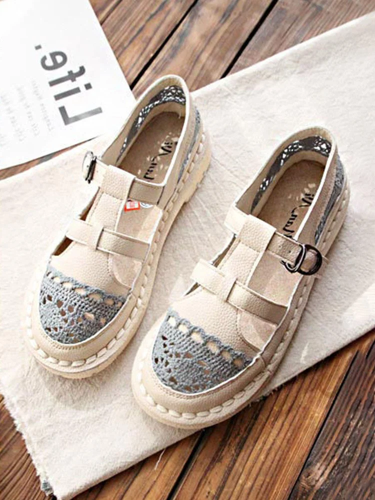 Women Casual Retro Buckle Lace Hollow Out Flats