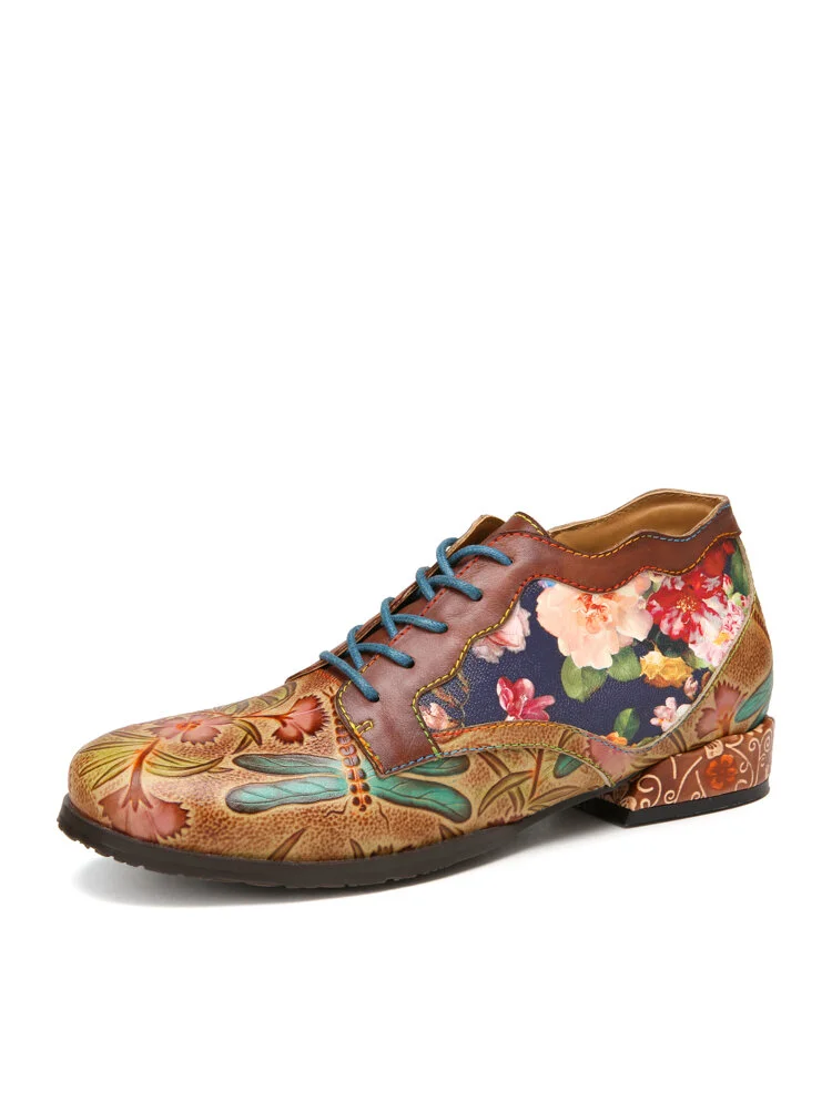 SOCOFY Natural Flowers Pattern Stitching Cowhide Leather Comfy Lace Up Flat Shoes Loafers