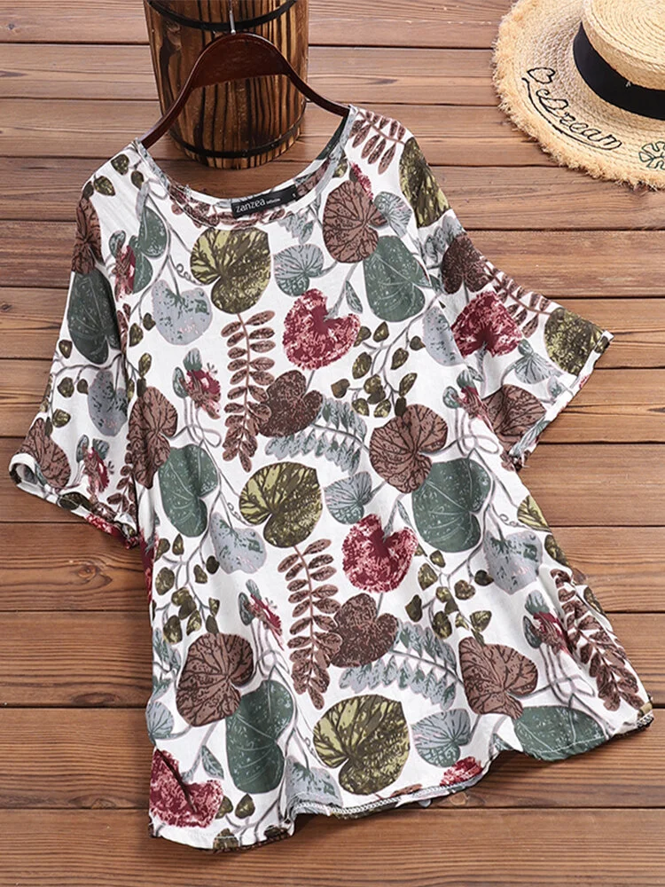 Vintage Leaves Print Short Sleeve Plus Size T-shirt