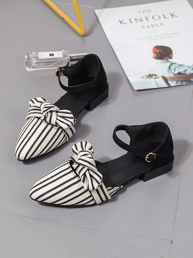 Women Elegant Date Striped Bowknot Canvas Pointed Toe Buckle Ballet Flat