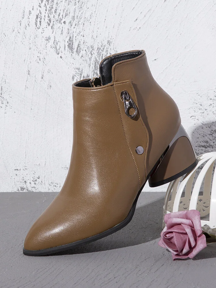 Women Casual Pointed Toe Solid Color Side-zip Chunky Heel Ankle Boots