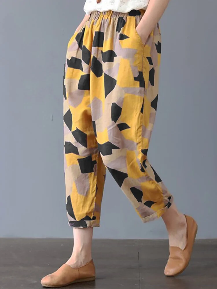 Geometric Print Pocket Elastic Waist Plus Size Harem Pants