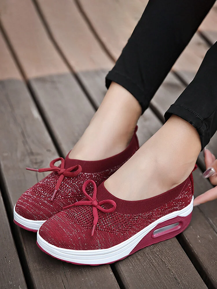 Women Breathable Knitted Elastic Slip-On Comfortable Cushion Rocker Sole Sneakers