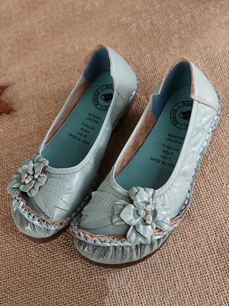 Leather Round Toe Stitching Comfortable Slip On Vintage Flat Shoes