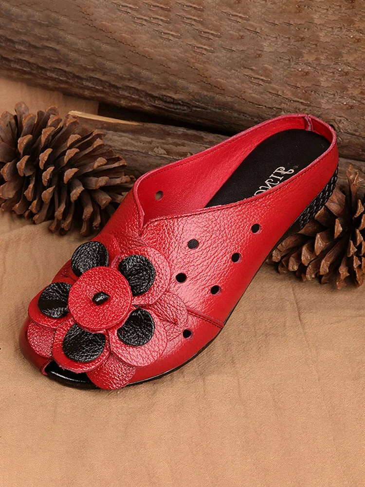 Women Casual Floral Leather Breathable Hollow Comfy Closed Toe Slippers