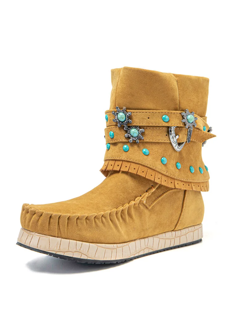 Plus Size Women Ethnic Rhinestone Tassel Flat Moccasin Short Boots