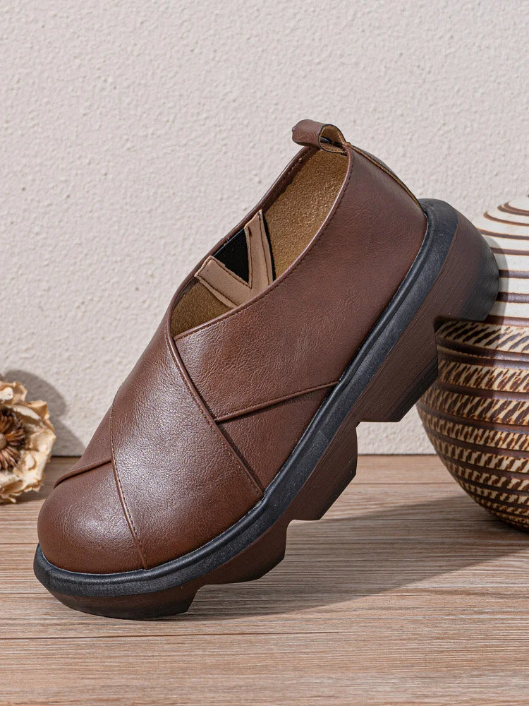 Women Casual Retro Soft Comfy Solid Color Pigskin Patchwork Platform Flats