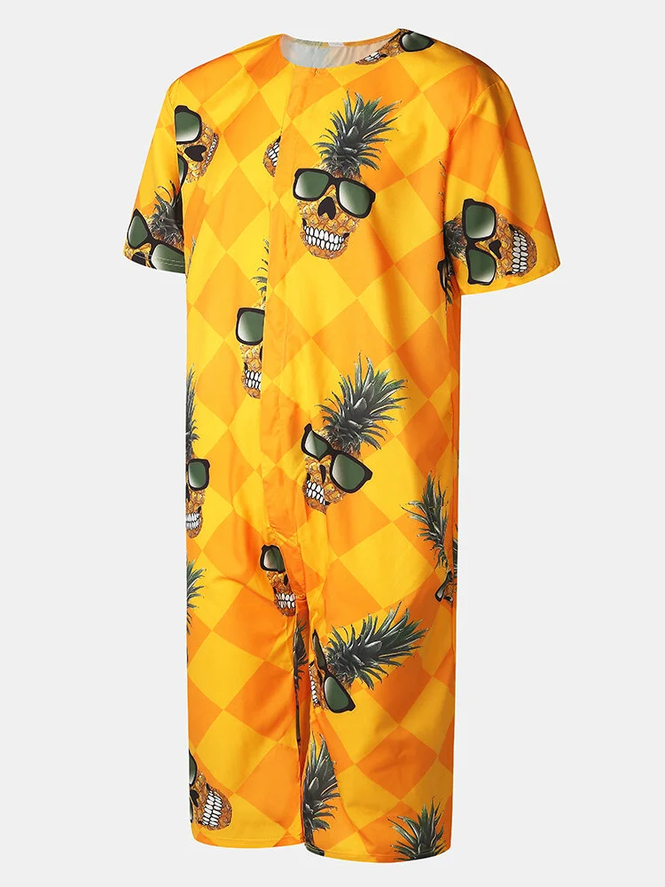 Mens One-Piece Suit Fun Pineapple &amp; Banana Print Casual Home Shorts Jumpsuit