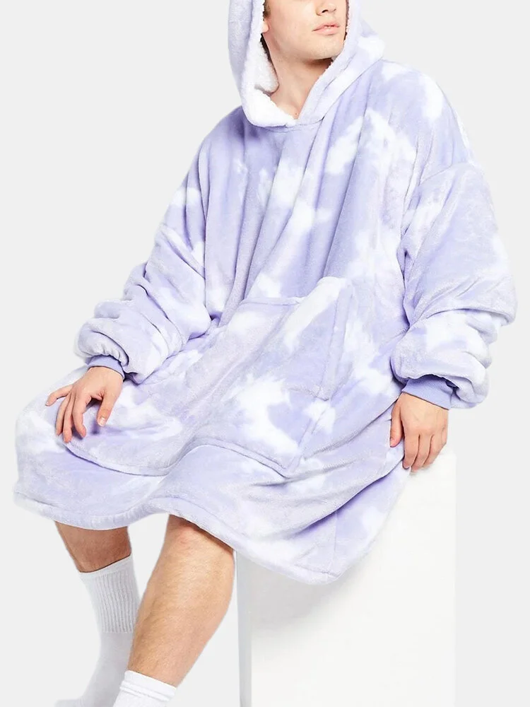 Mens Tie-Dye Print Thicken Fleece Lined Warm Homewear Blanket Hoodies