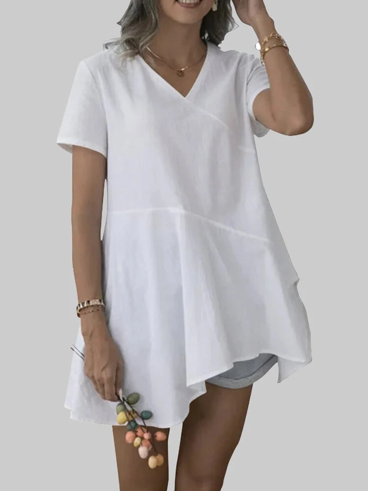 Solid Color V-neck Overhead Short Sleeve Irregular Cotton T-Shirt