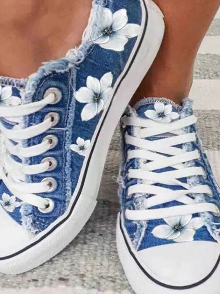 Large Size Women Printing Flowers Low Top Casual Denim Canvas Lace Up Flat Skate Shoes