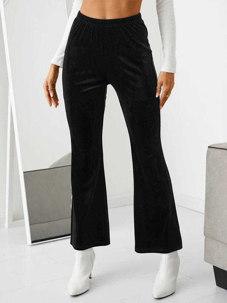 Solid Color Elastic Waist Flared Casual Pants For Women