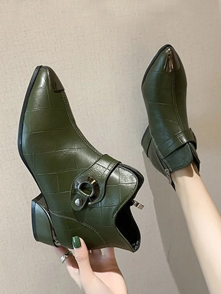 Women Casual Pointed Toe Anti-collision Design Solid Color Side-zip Comfy Ankle Boots