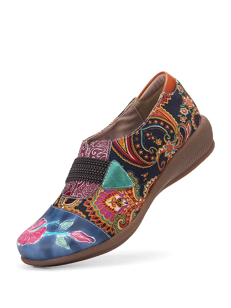 SOCOFY Folkways Flowers Pattern Genuine Leather Splicing Jacquard Elastic Band Slip On Flat Shoes