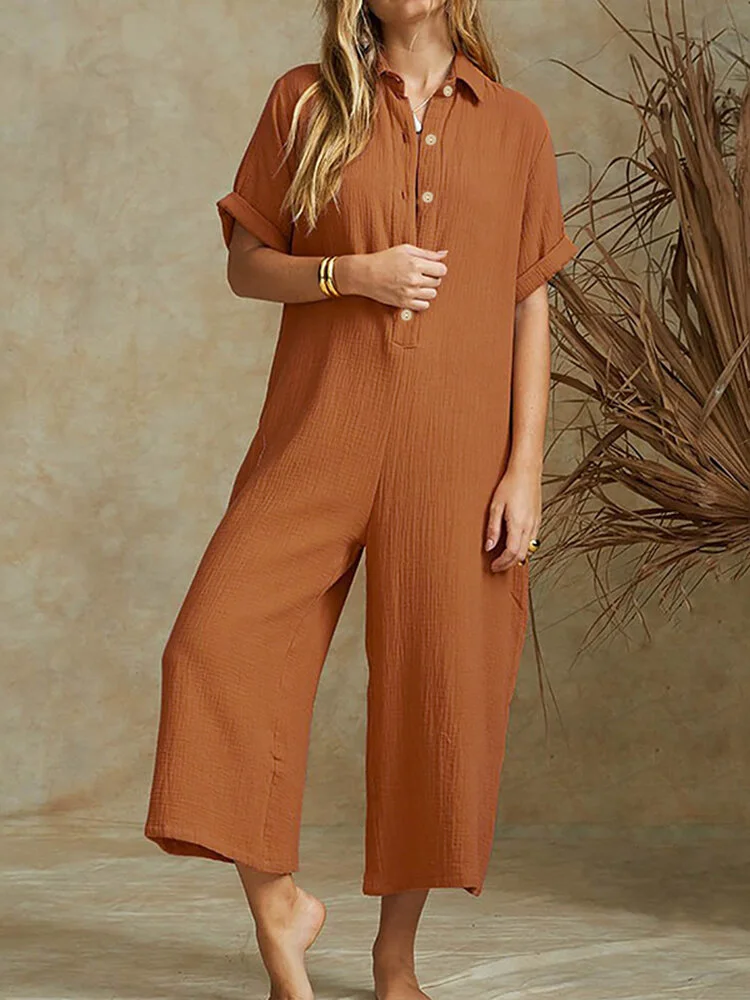 Casual Short Sleeve Button Lapel Plus Size Jumpsuit