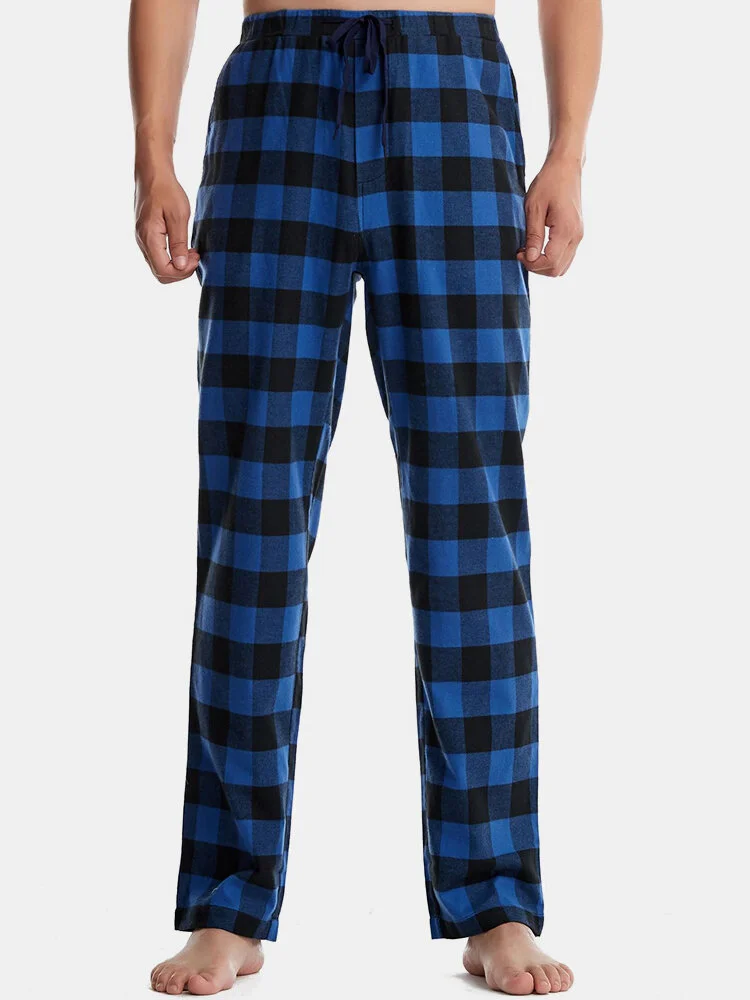 Mens Classic Plaid Print Pajama Pants Home Drawstring Sleepwear Bottom With Pocket