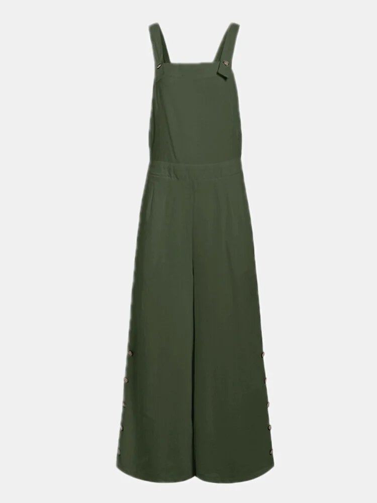 Solid Color Button Long Sleeveless Casual Jumpsuit for Women