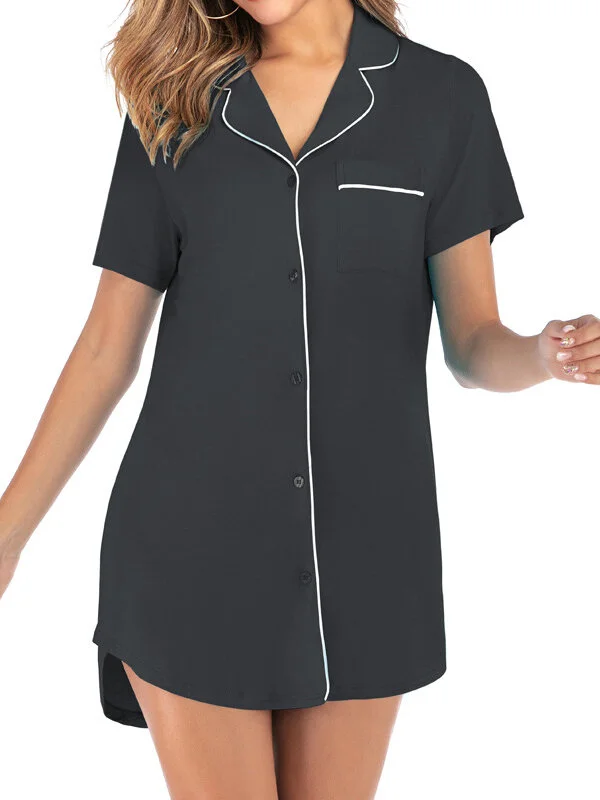 Women Cotton T-Shirt Nightdress Plain Lapel Collar Short Sleeves Plus Size Sleepwear