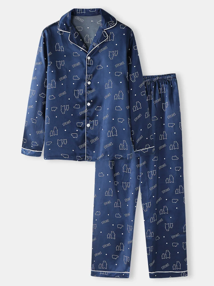 Mens Cartoon Bear Graphics Revere Collar Faux Silk Home Pajama Sets