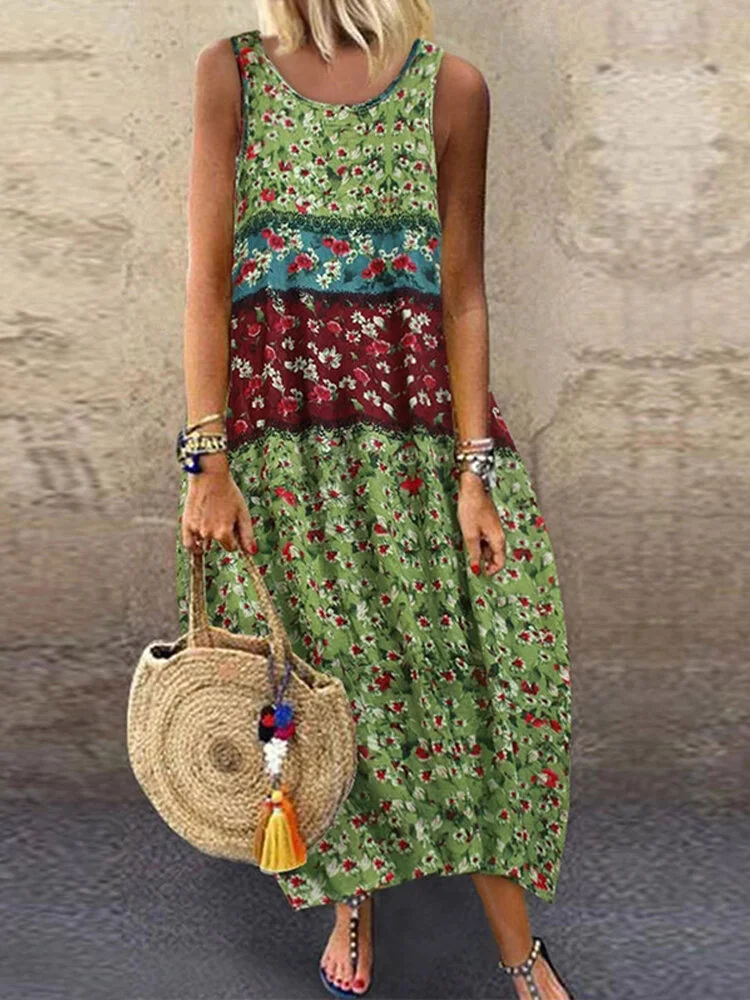 Floral Print Patchwork Sleeveless Plus Size Dress