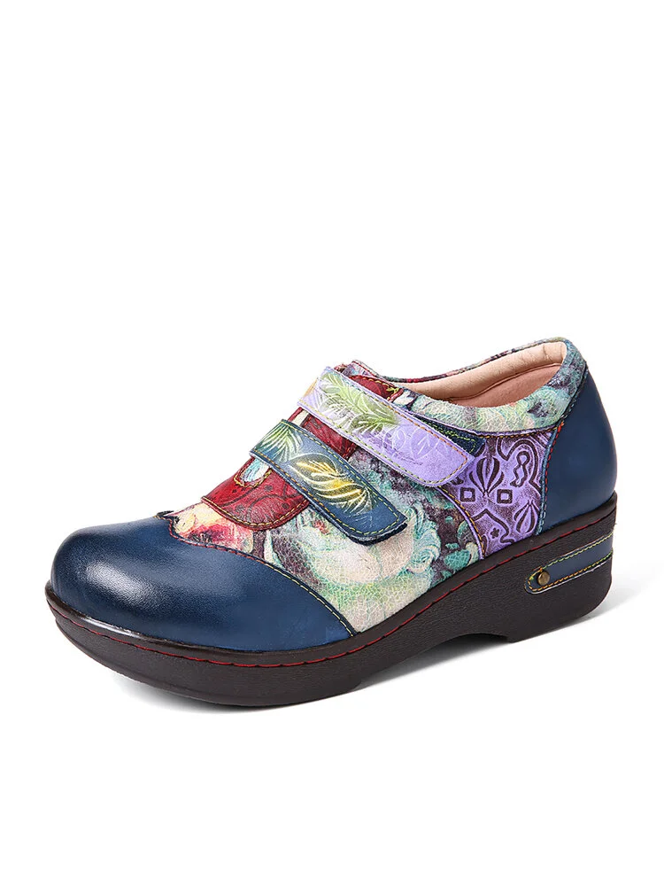 SOCOFY Retro Blooming Colored Flowers Embossed Genuine Leather Shoes