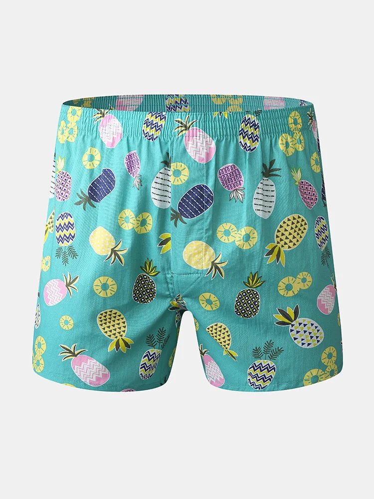 Mens 100% Cotton Cartoon Fruit Print Comfy Elastic Waist Home Shorts