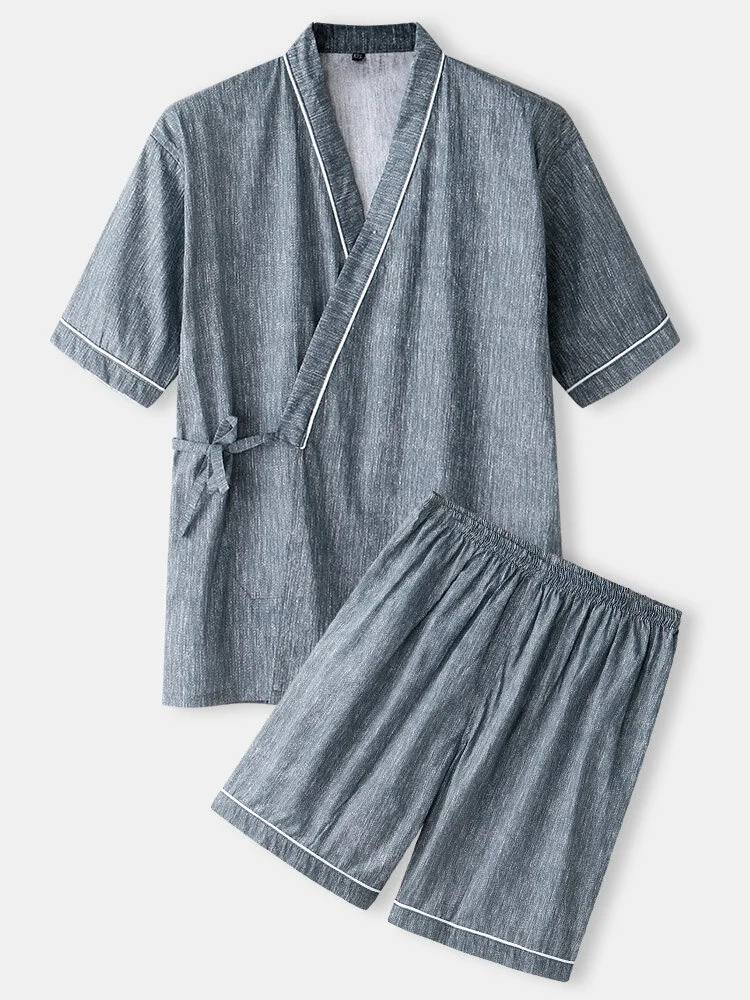 Mens Contrast Piping Tie Side Kimono Plain Short Sauna Clothes Loungewear