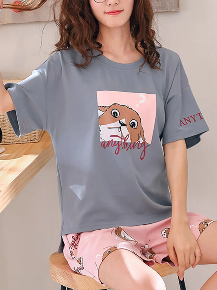 Women Cute Pajamas Set Two Pieces Cartoon Animal Print Sleepwear