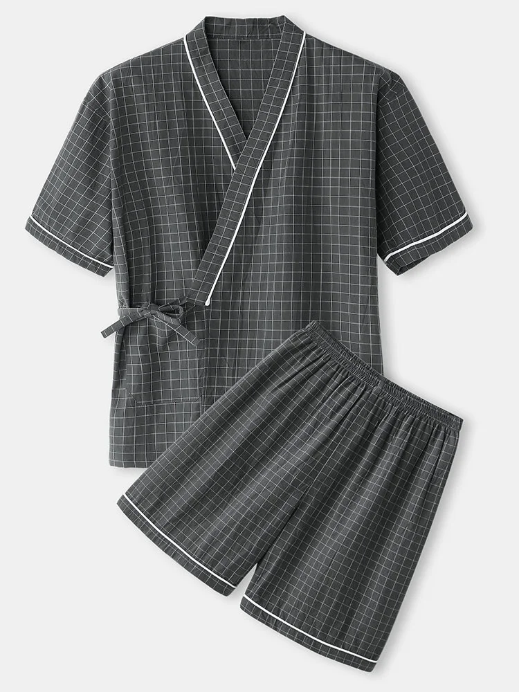 Mens Checkered Pattern V-Neck Cotton Knotted Two Piece Sauna Clothes