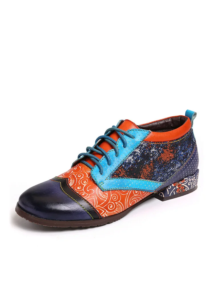 SOCOFY Bohemian Pattern Spots Colorful Stitching Genuine Leather Flat Shoes