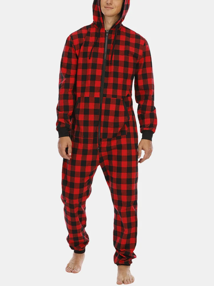 Mens Jumpsuit Plaid Onesies Casual Home Zip Hooded Loungewear With Kangaroo Pockets