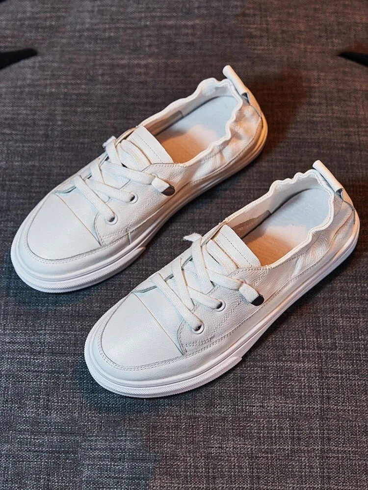 Women Casual PU Leather Lace Up White Flat Shoes