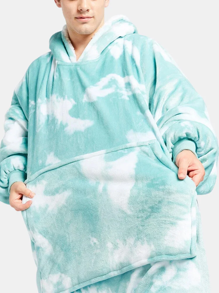 Mens Tie-Dye Winter Thicken Reversible Wearable Loose Blanket Hoodie With Kangaroo Pocket