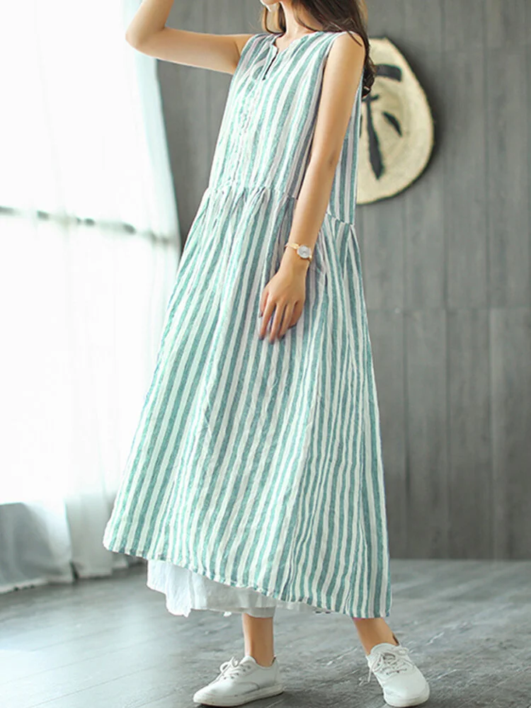 Vintage Striped Print V-neck Plus Size Maxi Dress with Pockets