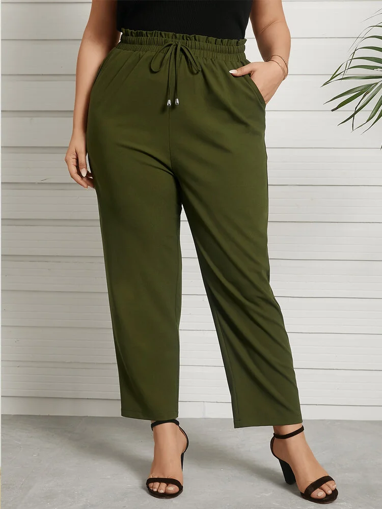 Solid Color Elastic Waist Drawstring Plus Size Pants for Women