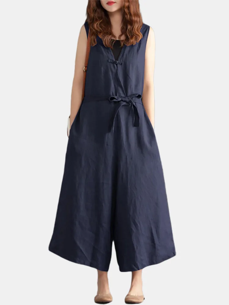 Women V-neck Belted Flare Overalls Jumpsuits