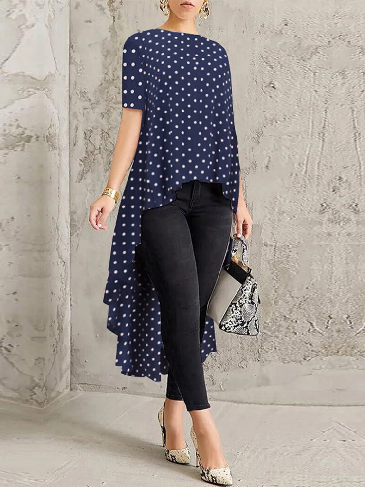 Polka Dot Print High Low Short Sleeve Plus Size Blouse