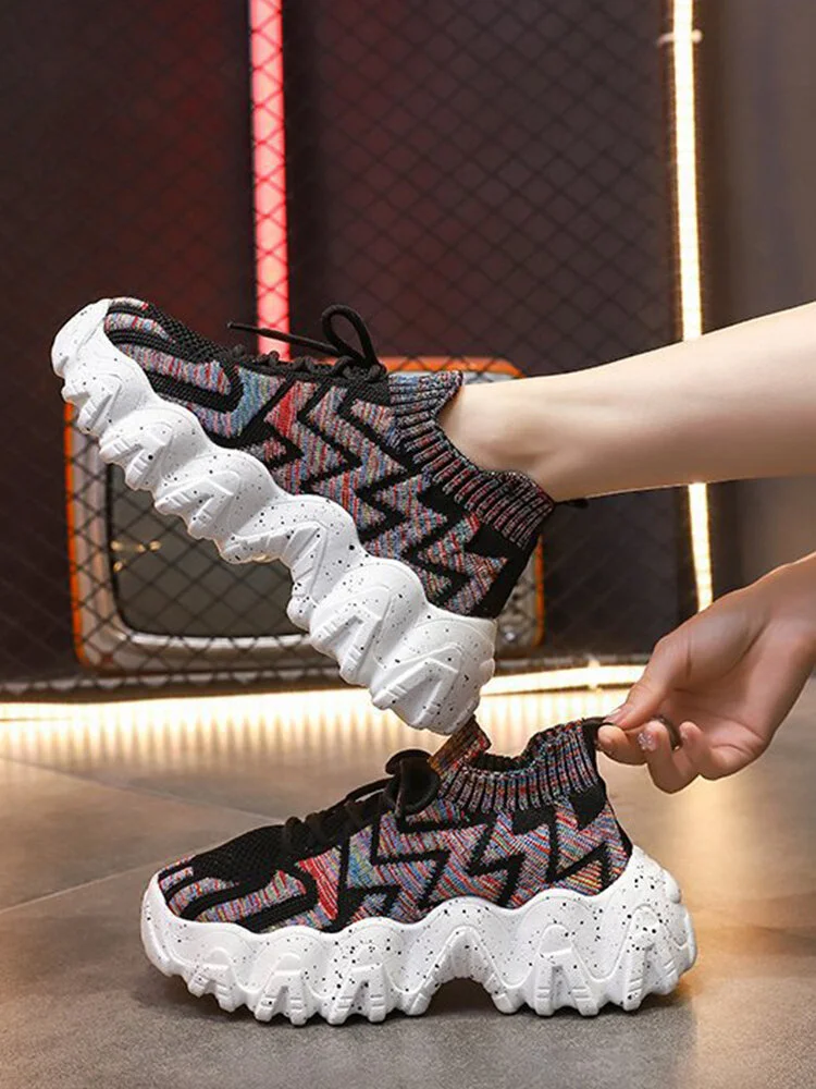 Running Wave Pattern Lace Up Platform Mesh Breathable Sneakers Women