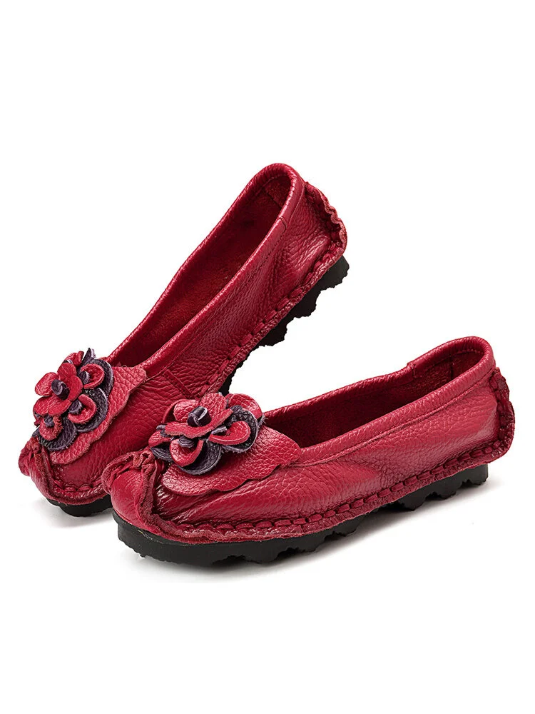 Women Casual Soft Handmade Floral Genuine Leather Flats