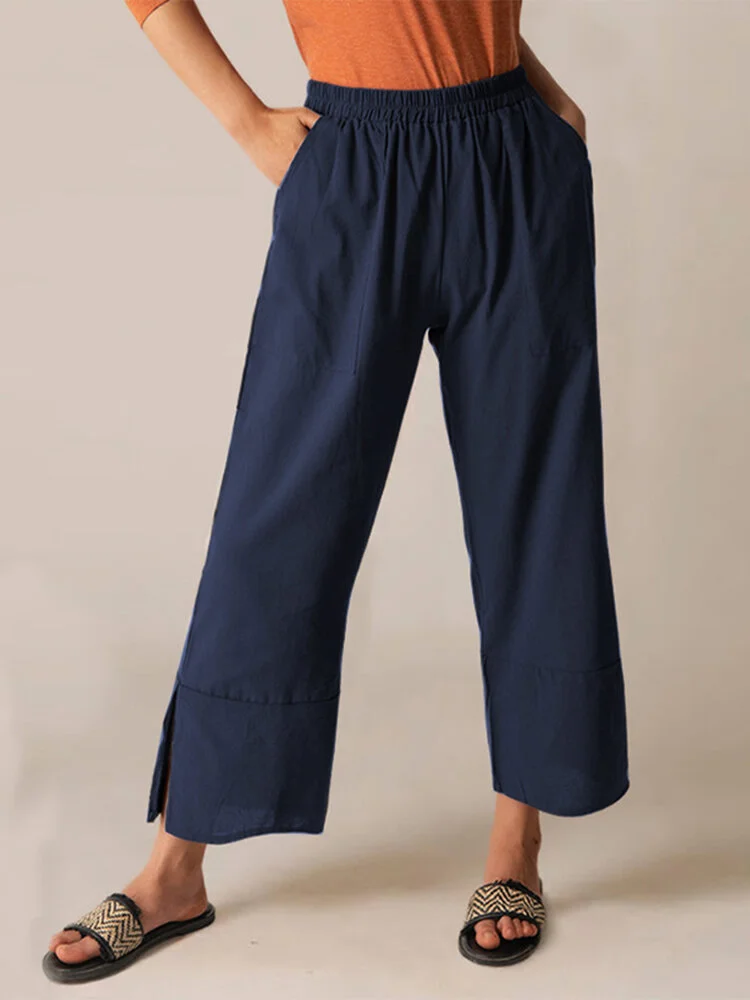 Casual Solid Color Elastic Waist Plus Size Pants With Pockets