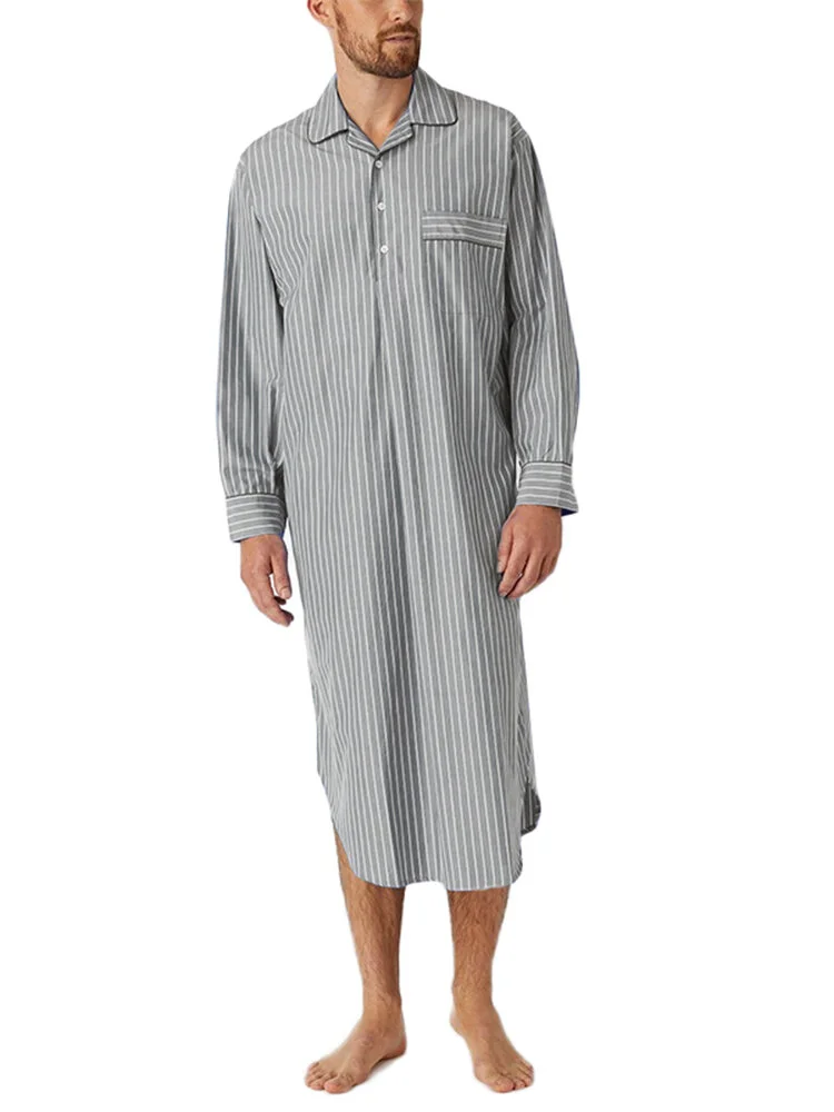 Mens Lapel Stripe Button Long Tops Loungewear With Pocket