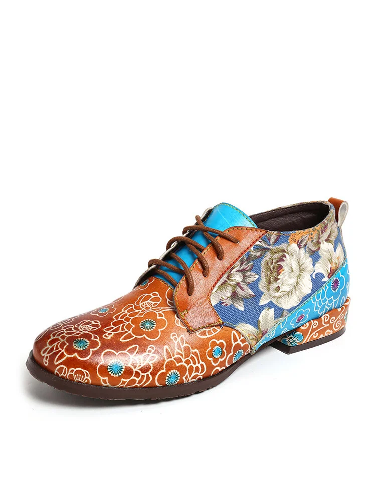 SOCOFY Retro Floral Pattern Stitching Genuine Leather Zipper Lace Up Flat Shoes