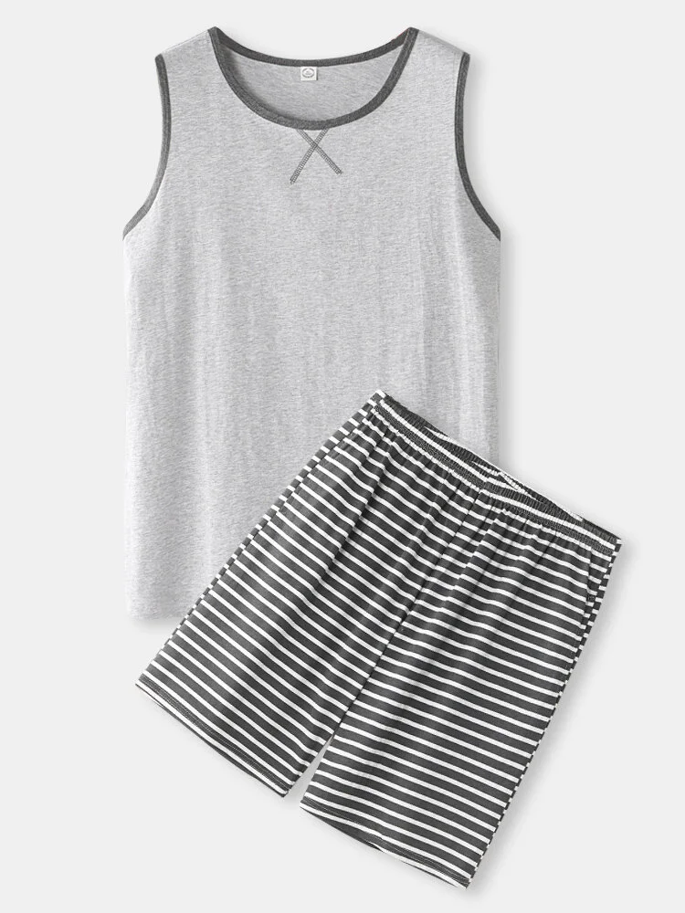 Mens Grey Sleeveless Tank Top &amp; Striped Shorts Cotton Home Loungewear Sets