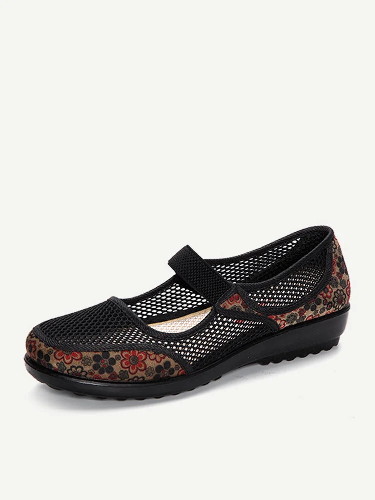 Laege Size Mesh Breathable Flower Printing Wedge Heel Loafers